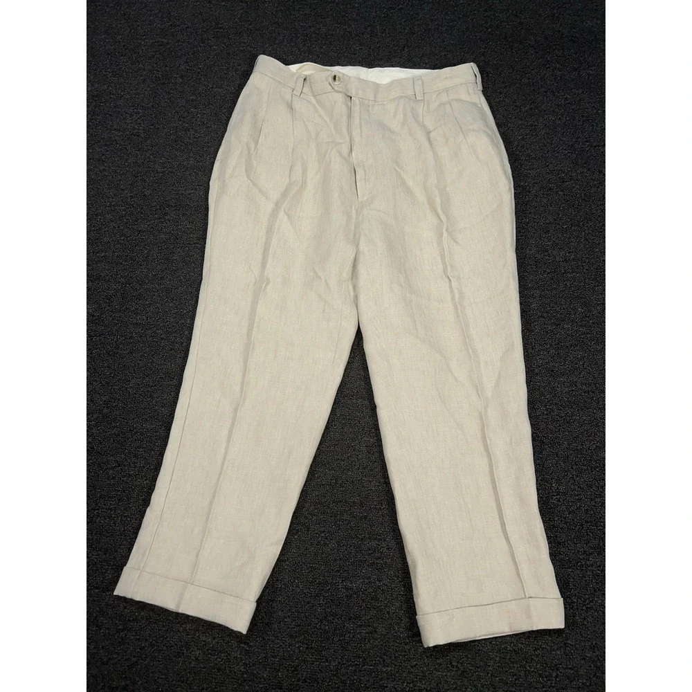 Jos A Bank Dress Pants Men's 36x26‎ Beige 100% Linen Pleated Cuffed Preppy